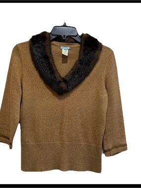 Urchin Silk Cashmere Blend Pullover Sweater 3/4 Slee Sz L V-Neck Removable Fur